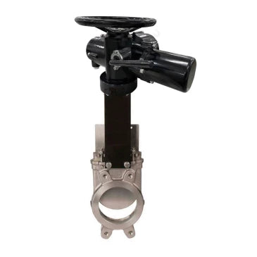 Knife gate valve Elephant GVKR3232E-2W-Fb-OST DN50-300 10/16 bar flanged joint with OST flange type A and round stem, 316 stainless steel, seal - EPDM, with electric multi-turn drive Elephant MT-N-EM-O2-220-U1 five-lobed