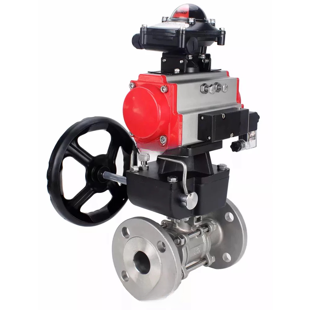 Ball valves Elephant BV3232P(3pc)-FP-F-ISO-H DN65-100 25/40 bar flanged, body - 316 stainless steel, full bore, seal - PTFE, with pneumatic drive PA-DA pneumatic distributor 4M310-08 220V, LSU APL-410N Ex, manual backup MON3-700-T38-ISO