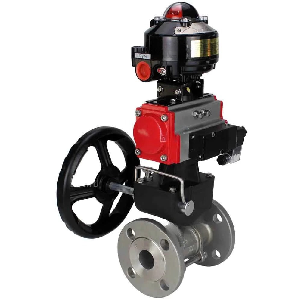 Ball valves Elephant BV3232P(3pc)-FP-F-ISO-H DN65-100 25/40 bar flanged, body - 316 stainless steel, full bore, seal - PTFE, with pneumatic drive PA-DA pneumatic distributor 4M310-08 220V, LSU APL-510N Ex, manual backup MON3-700-T38-ISO