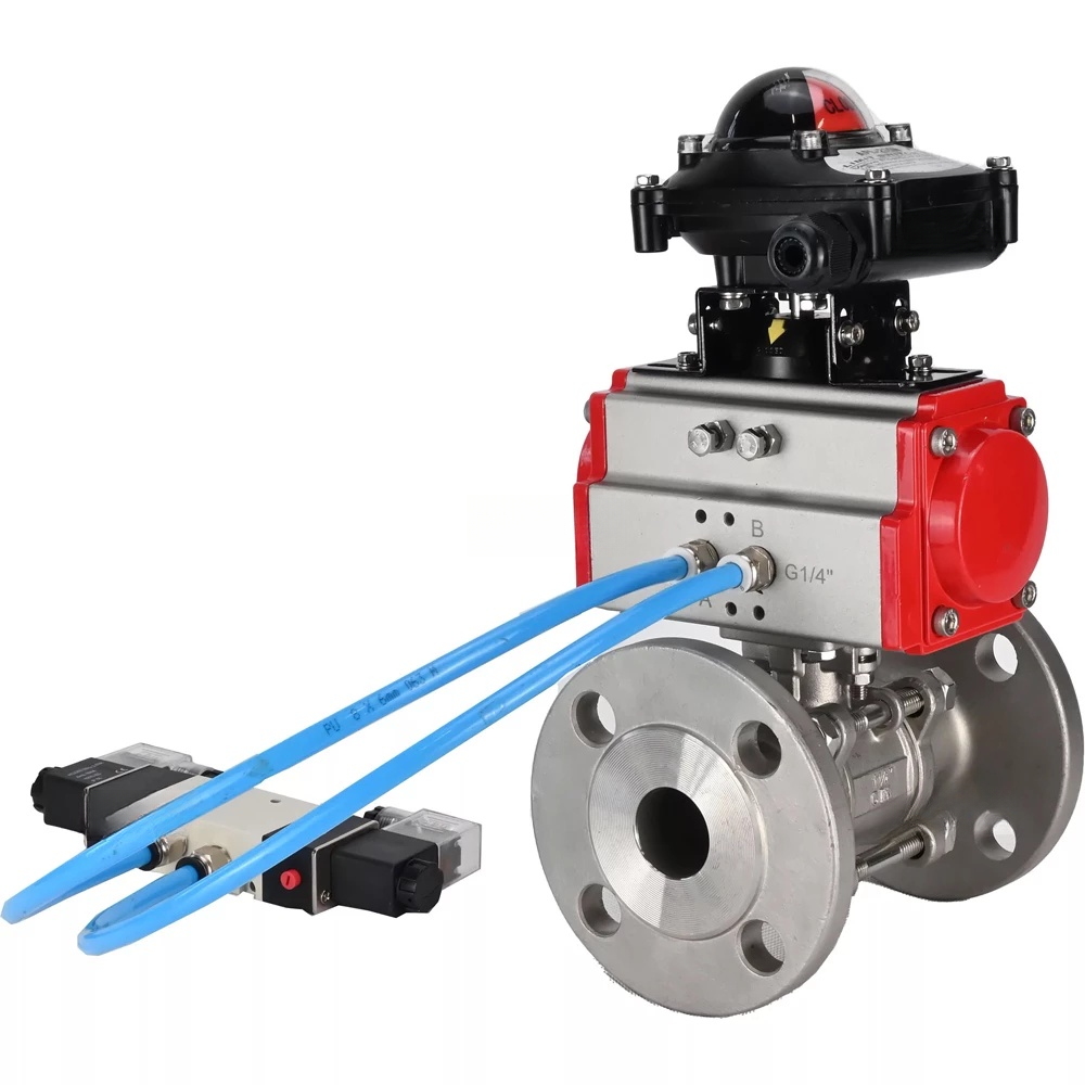 Ball valves Elephant BV3232P(3pc)-FP-F-ISO-H DN65-100 25/40 bar flanged with ISO flange, body - 316 stainless steel, full bore, seal - PTFE, with pneumatic drive PA-DA pneumatic distributor 4V320-10 220V, LSU APL-210N