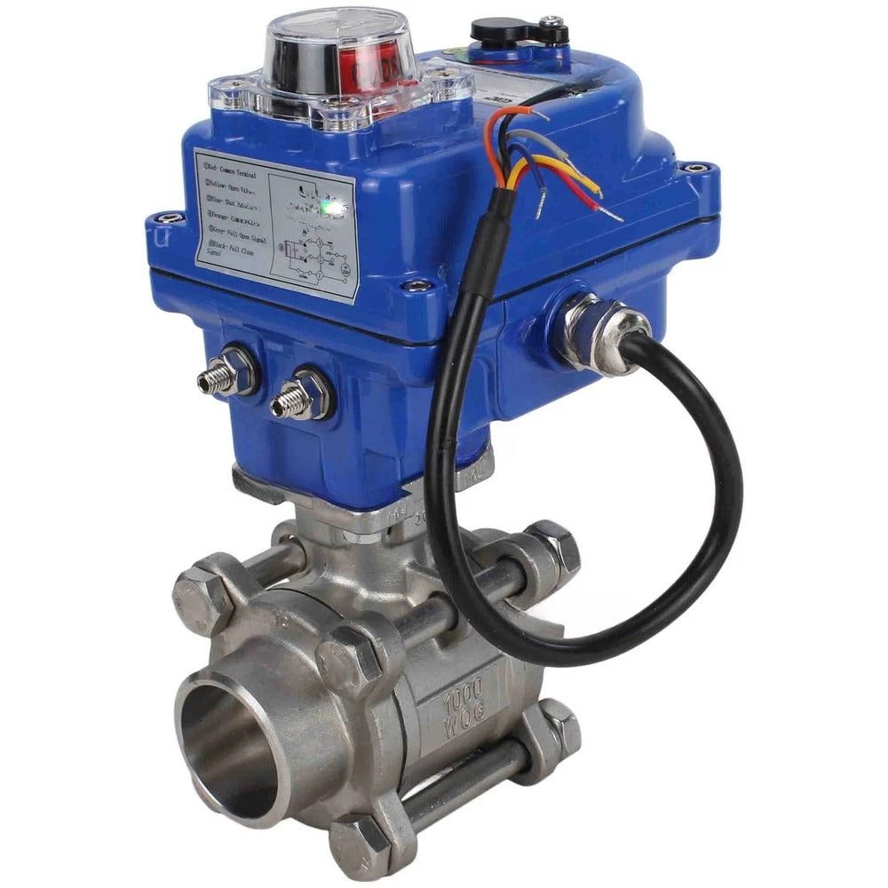 Ball valves Elephant BV3232P(3pc)-FP-W-ISO-H WDVF DN15-32 63 bar full bore, body - 316 stainless steel, seal - PTFE, for welding, with a 1/4-turn electric drive Elephant QT-N-EM-O1-12VDC-U1 blue
