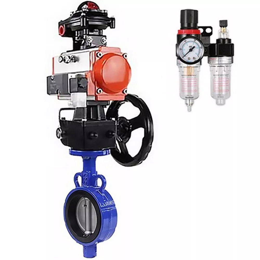 Water Butterfly Valve Elephant WBV0232E-2W-Fb-H, body material - aluminum alloy, disk material - stainless steel AISI 316L, seal - EPDM, with pneumatic actuator double action PA-DA-065, 4V320-10 220V, handwheel MON, LSU APL-510N-EX, ATU AFC2000