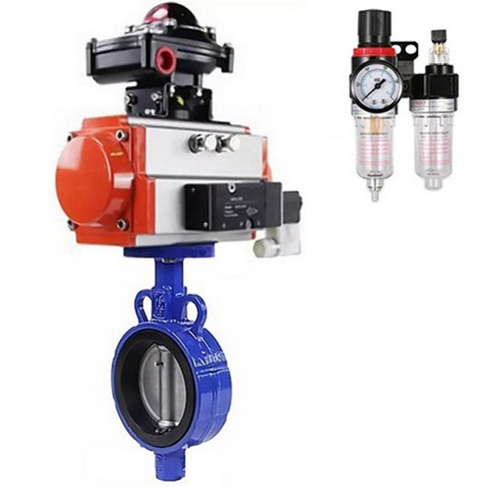 Water butterfly valve Elephant AL-316L-EPDM body material - Aluminium alloy, disk material - stainless steel 316L, seal - EPDM with pneumatic actuator DA, pneumatic distributor 4M310-08 220V, limit switch block APL-410N EX and air filter regulator AFC2000