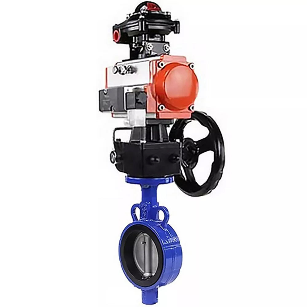 Water Butterfly Valve Elephant WBV1132N-2W-Fb-H, Gehäusematerial - Grauguss GG25, Scheibenmaterial - Edelstahl AISI 316L, Dichtung - NBR, mit pneumatischem Doppelwirkungsantrieb PA-DA, 4V320-08 220V, Handrad MON, LSU APL-510N-EX