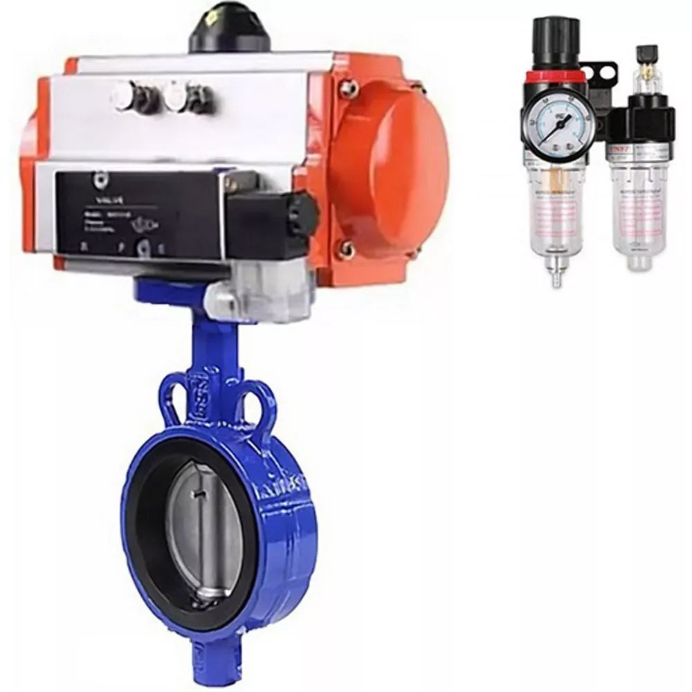 Water Butterfly Valve Elephant WBV1132N-2W-Fb-H, Gehäusematerial - Grauguss GG25, Scheibenmaterial - Edelstahl AISI 316L, Dichtung - NBR, mit pneumatischem Doppelwirkungsantrieb PA-DA, 4V320-10 220V, ATU AFC2000