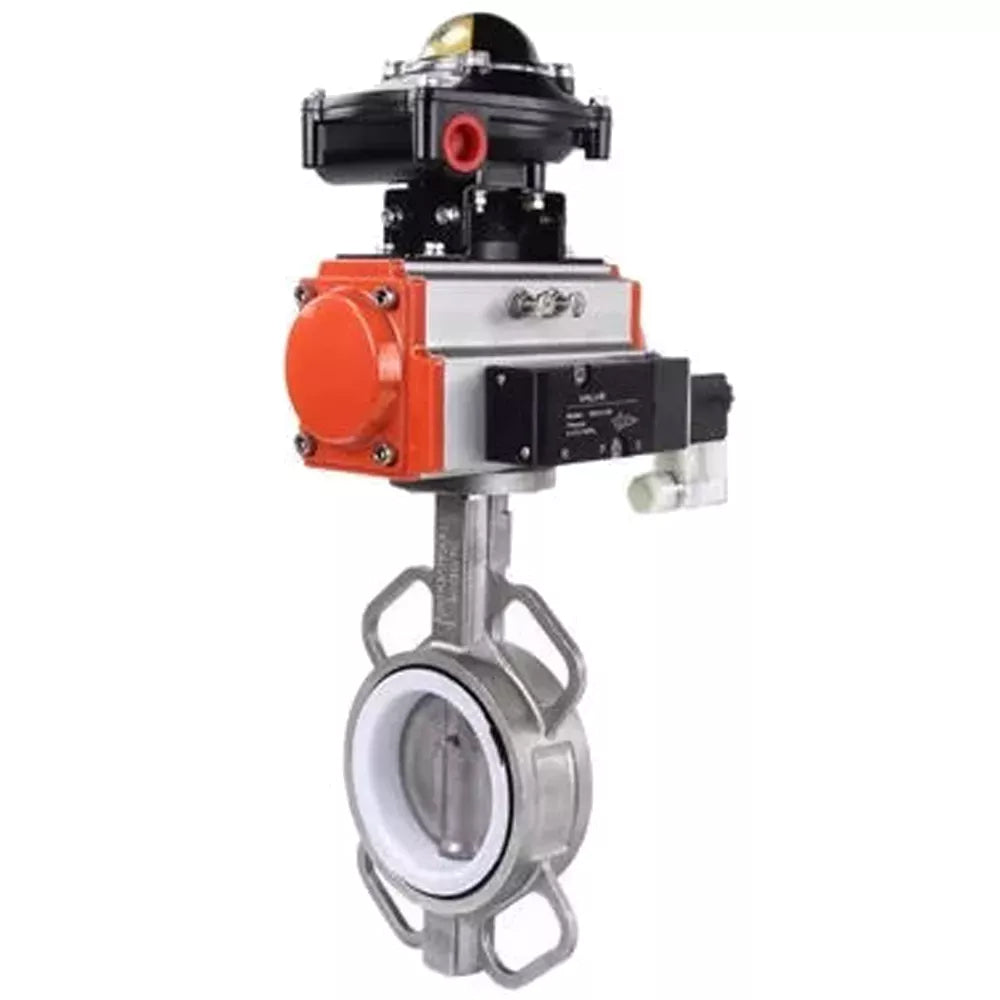 Water Butterfly Valve Elephant WBV3232P-2W-Fb-H, Gehäusematerial - Edelstahl AISI 316L, Scheibenmaterial - Edelstahl AISI 316L, Dichtung - PTFE, mit pneumatischem Antrieb mit Rückstellfedern PA-SA, 4V320-08 220V, LSU APL-410N EX