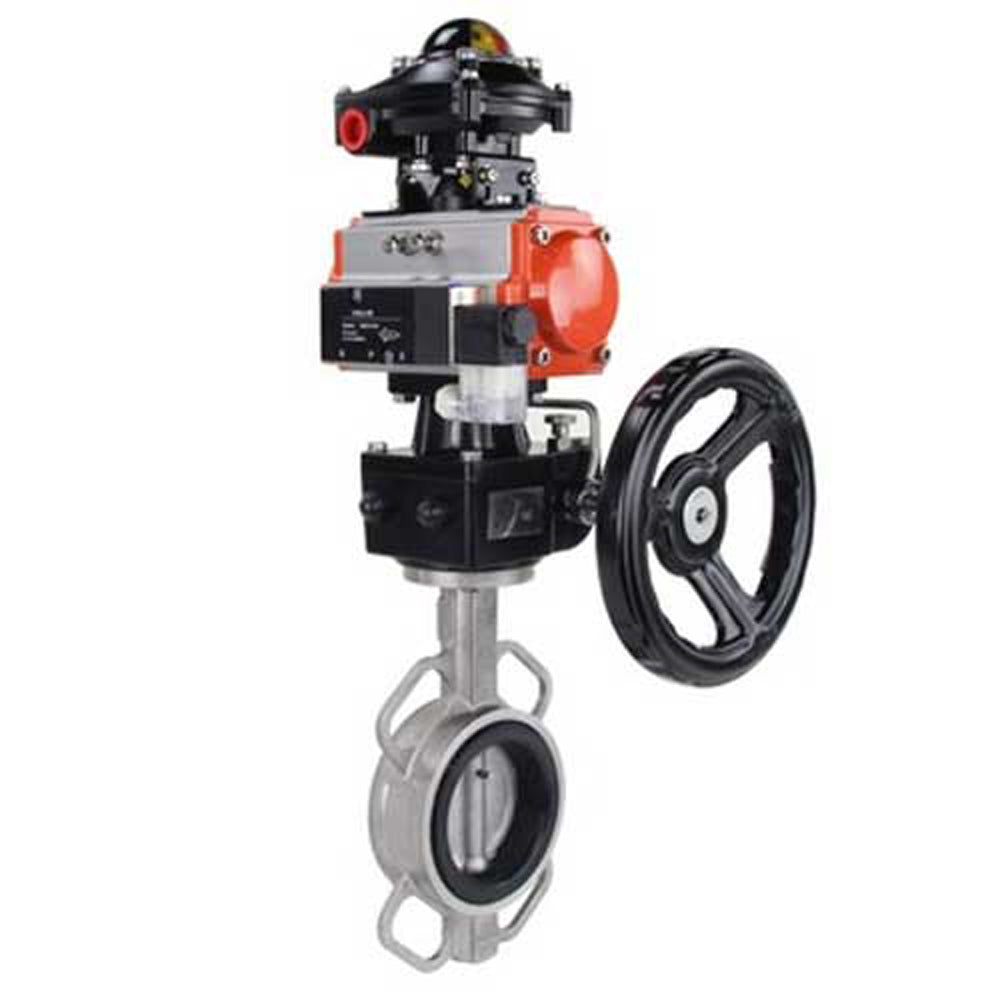 Wasser-Schmetterlingsventil Elephant 316L-316L-VITON Gehäusematerial - Edelstahl AISI 316L, Scheibenmaterial - Edelstahl AISI 316L, Dichtung - Viton mit pneumatischem Antrieb Elephant DA, Endschalterblock APL-410N EX und manueller Verdoppler HDM