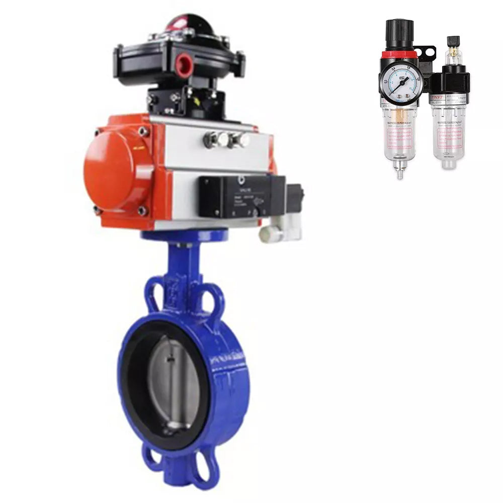 Water Butterfly Valve Elephant WBV3432V-2W-Fb-H, Gehäusematerial - Kohlenstoffstahl, Scheibenmaterial - Edelstahl AISI 316L, Dichtung - Viton, mit pneumatischem Doppelwirkungsantrieb PA-DA, 4V320-08 220V, LSU APL-510N-EX, ATU AFC2000