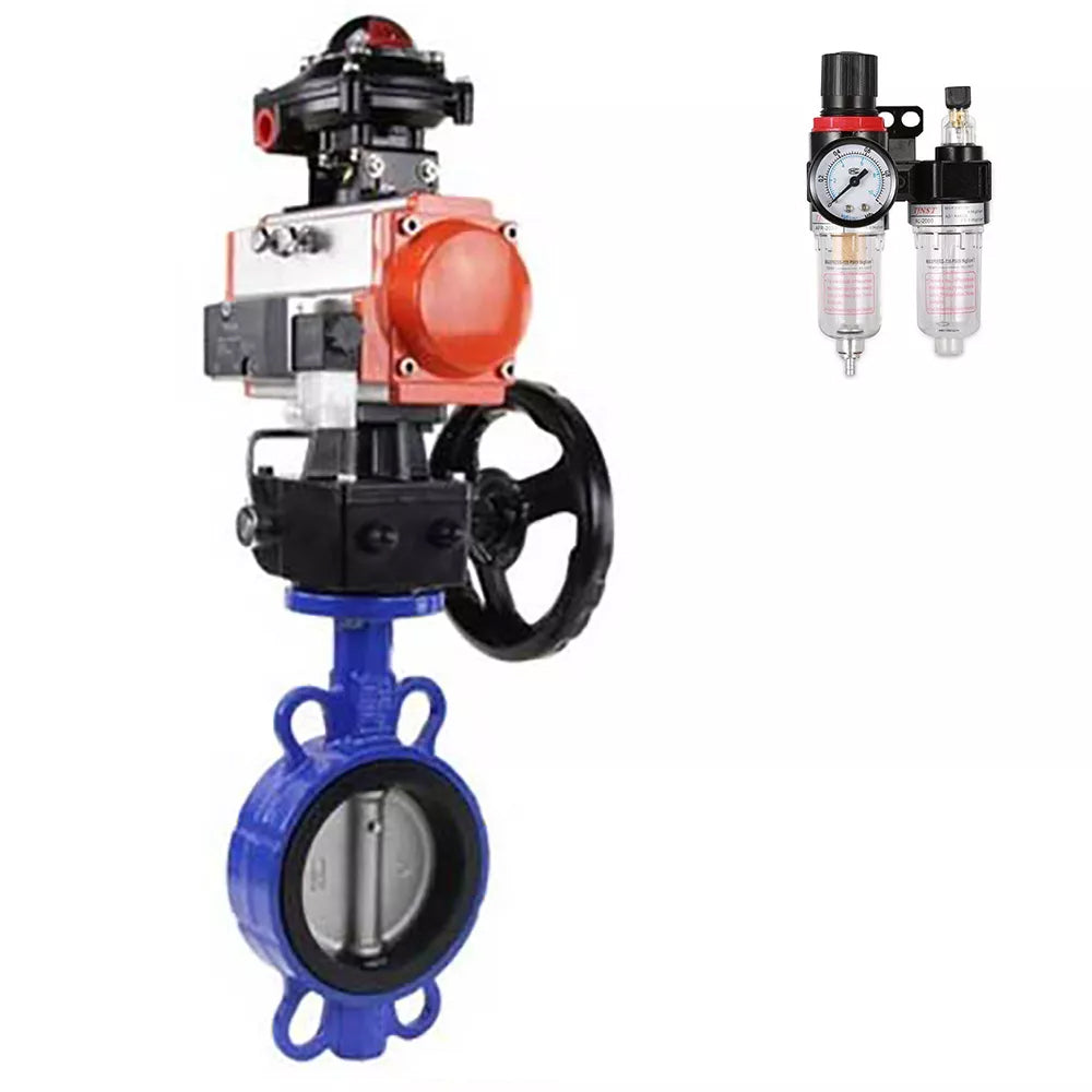 Wasser-Schmetterlingsventil Elephant WBV3232E-2W-Fb-H, Gehäusematerial - Edelstahl AISI 316L, Scheibenmaterial - Edelstahl AISI 316L, Dichtung - EPDM, mit pneumatischem Doppelwirkungsantrieb PA-DA, 4V320-08 220V, Handrad MON, LSU APL-510N-EX, ATU AFC2000