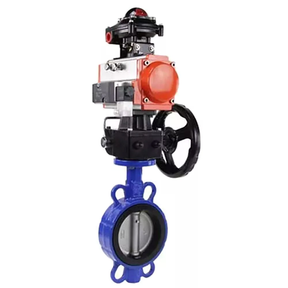Wasser-Schmetterlingsventil Elephant WBV3232E-2W-Fb-H, Gehäusematerial - Edelstahl AISI 316L, Scheibenmaterial - Edelstahl AISI 316L, Dichtung - EPDM, mit pneumatischem Doppelwirkungsantrieb PA-DA, 4M310-08 220V, Handrad MON, LSU APL-510N-EX