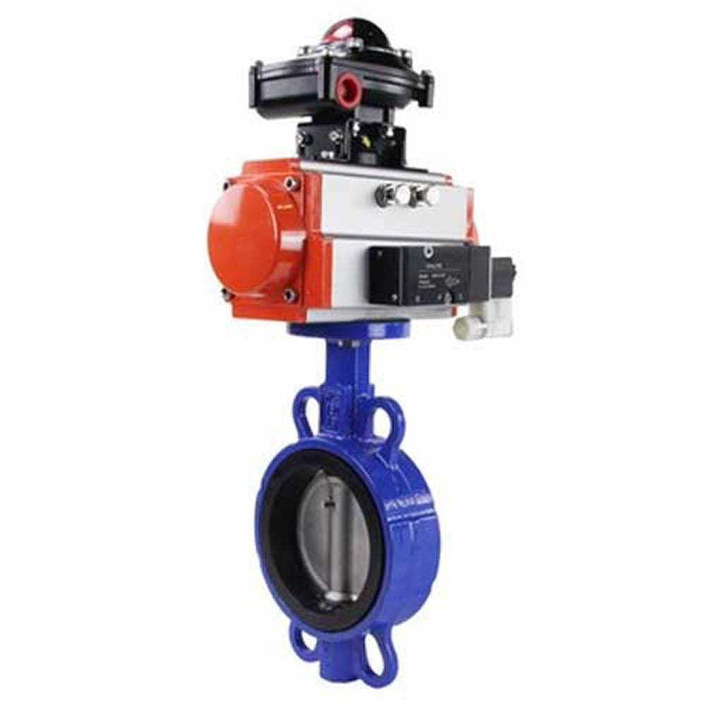 Wasser-Drosselklappe Elephant WCB-316L-VITON Gehäusematerial - Kohlenstoffstahl WCB, Scheibenmaterial - Edelstahl aisi 316l, Dichtung - Viton mit pneumatischem Antrieb Elephant DA, pneumatischem Verteiler 4M310-08 220V und Endschalterblock APL-410N EX