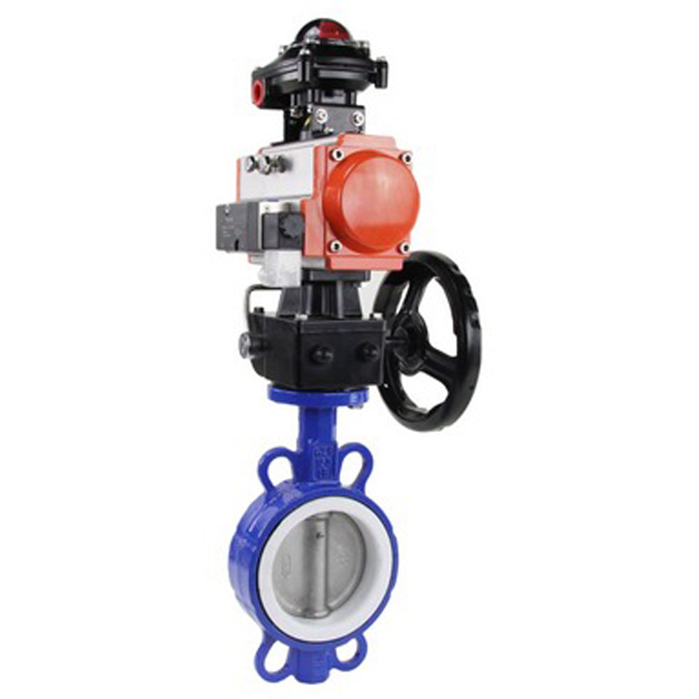 Wasser-Drosselklappe Elephant WCB-316L-PTFE Gehäusematerial - Kohlenstoffstahl WCB, Scheibe - Edelstahl AISI 316L, Dichtung - PTFE mit pneumatischem Antrieb Elephant DA, pneumatischem Verteiler 4M310-08 220V, Endschalterblock APL-410N EX und Handbuch