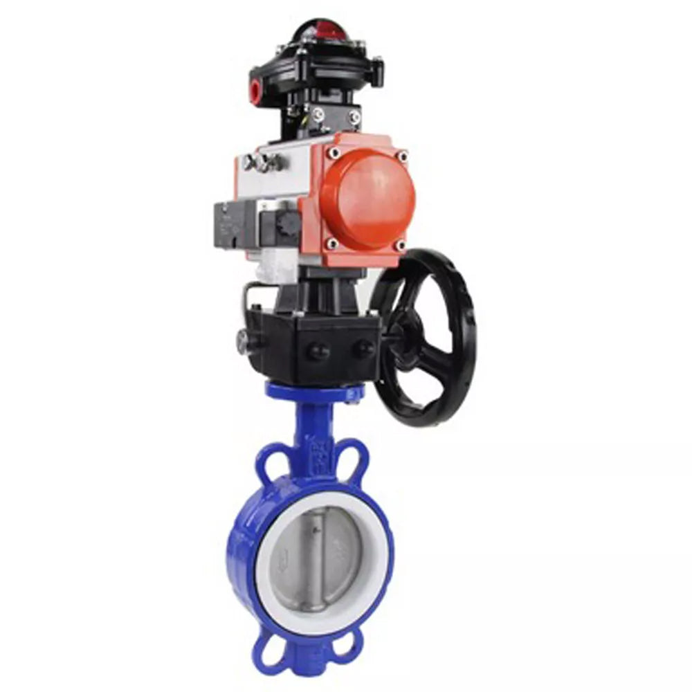 Wasser-Schmetterlingsventil Elephant WBV3432P-2W-Fb-H, Gehäusematerial - Kohlenstoffstahl, Scheibenmaterial - Edelstahl AISI 316L, Dichtung - PTFE, mit pneumatischem Doppelwirkungsantrieb PA-DA, 4V320-08 220V, Handrad MON, LSU APL-410N EX