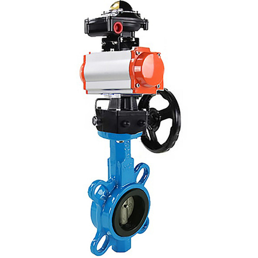 Wasser-Schmetterlingsventil Elephant GG25-316L-NBR Gehäusematerial - Gusseisen GG25, Scheibenmaterial - Edelstahl 316L, Dichtung - NBR mit pneumatischem Antrieb DA, Endschalterblock APL-410N EX und manueller Verdoppler HDM