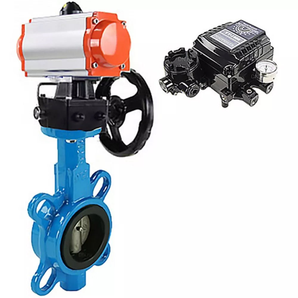 Water Butterfly Valve Elephant WBV1616E-2W-Fb-H, body material - cast iron QT450, disk material - cast iron QT450, seal - EPDM, with pneumatic actuator double action PA-DA, handwheel MON, electropneumatic rotary positioner YT-1000RSN without feedback