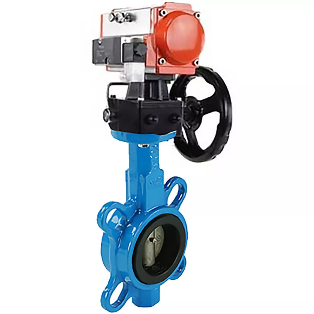 Wasser-Schmetterlingsventil Elephant WBV1616N-2W-Fb-H, Gehäusematerial - Gusseisen QT450, Scheibenmaterial - Gusseisen QT450, Dichtung - NBR, mit pneumatischem Doppelwirkungsantrieb PA-DA, 4M310-08 24V, Handrad MON
