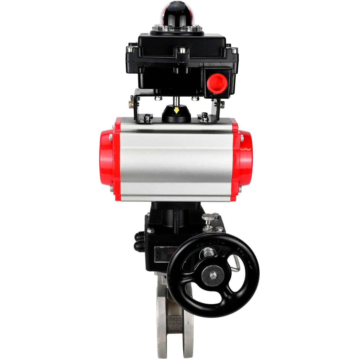 Edelstahl-Kugelhahn Elephant BVсFP.316.200 PSI232, voller Anschluss, Kompaktflansch, pneumatischer Antrieb Elephant DA doppeltwirkend, Handnotbetätigung HDM, pneumatischer Verteiler 4M310-08 220 V, Endschalterblock APL-410N EX