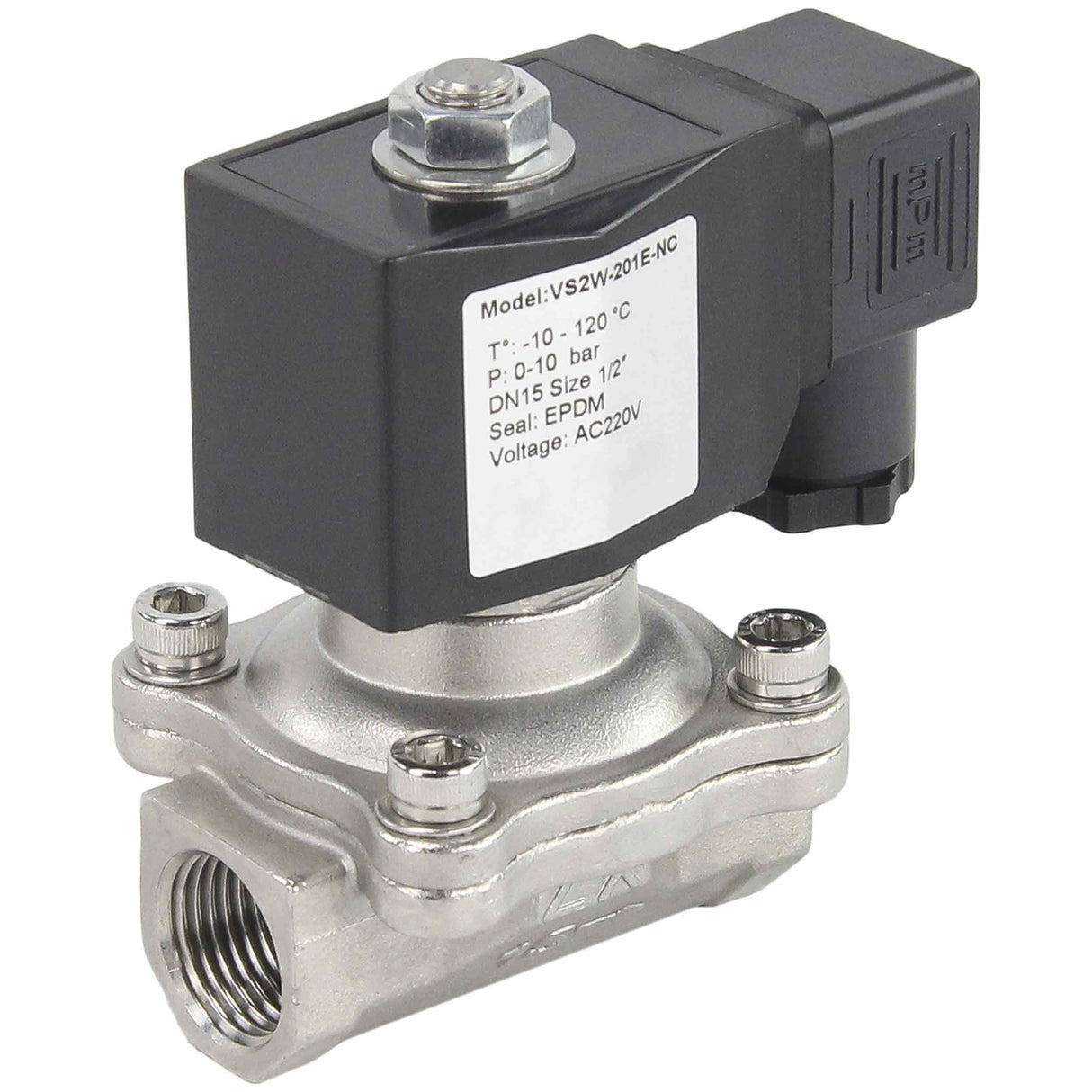 Zweiwege-Elektromagnetventil, normalerweise geschlossen, direkt wirkend, Elephant VS2W-201E-NC EPDM 24 V, Gehäusematerial – Edelstahl AISI 304, Dichtung – EPDM
