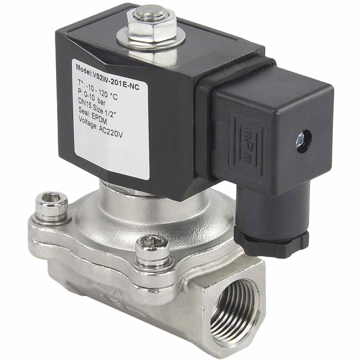 Zweiwege-Elektromagnetventil, normalerweise geschlossen, direkt wirkend, Elephant VS2W-201E-NC EPDM 24 V, Gehäusematerial – Edelstahl AISI 304, Dichtung – EPDM