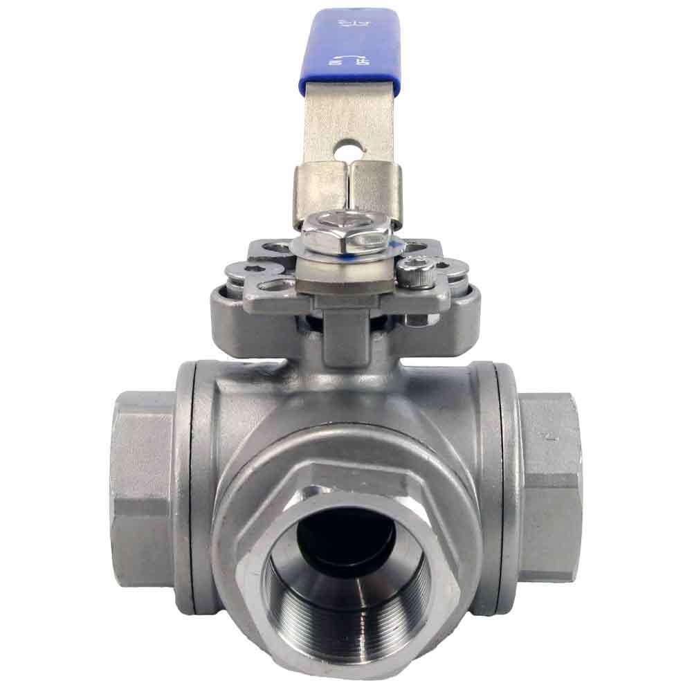 Edelstahl-kugelhahn 3-wege, gewinde NPT/BSP, L-Typ, standarddurchgang, Elephant RP.SS316.200.MM, 986 psi, mit ISO 5211 montageplatte und Griff