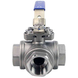 Edelstahl-kugelhahn 3-wege, gewinde NPT/BSP, L-Typ, standarddurchgang, Elephant RP.SS316.200.MM, 986 psi, mit ISO 5211 montageplatte und Griff