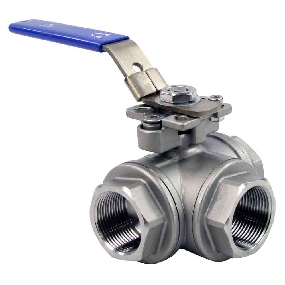 Edelstahl-kugelhahn 3-wege, gewinde NPT/BSP, L-Typ, standarddurchgang, Elephant RP.SS316.200.MM, 986 psi, mit ISO 5211 montageplatte und Griff