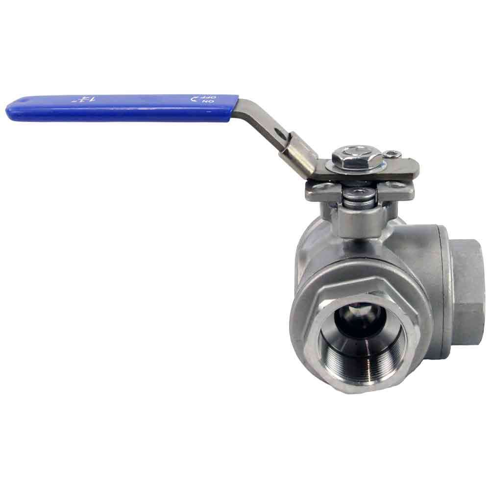 Edelstahl-kugelhahn 3-wege, gewinde NPT/BSP, L-Typ, standarddurchgang, Elephant RP.SS316.200.MM, 986 psi, mit ISO 5211 montageplatte und Griff