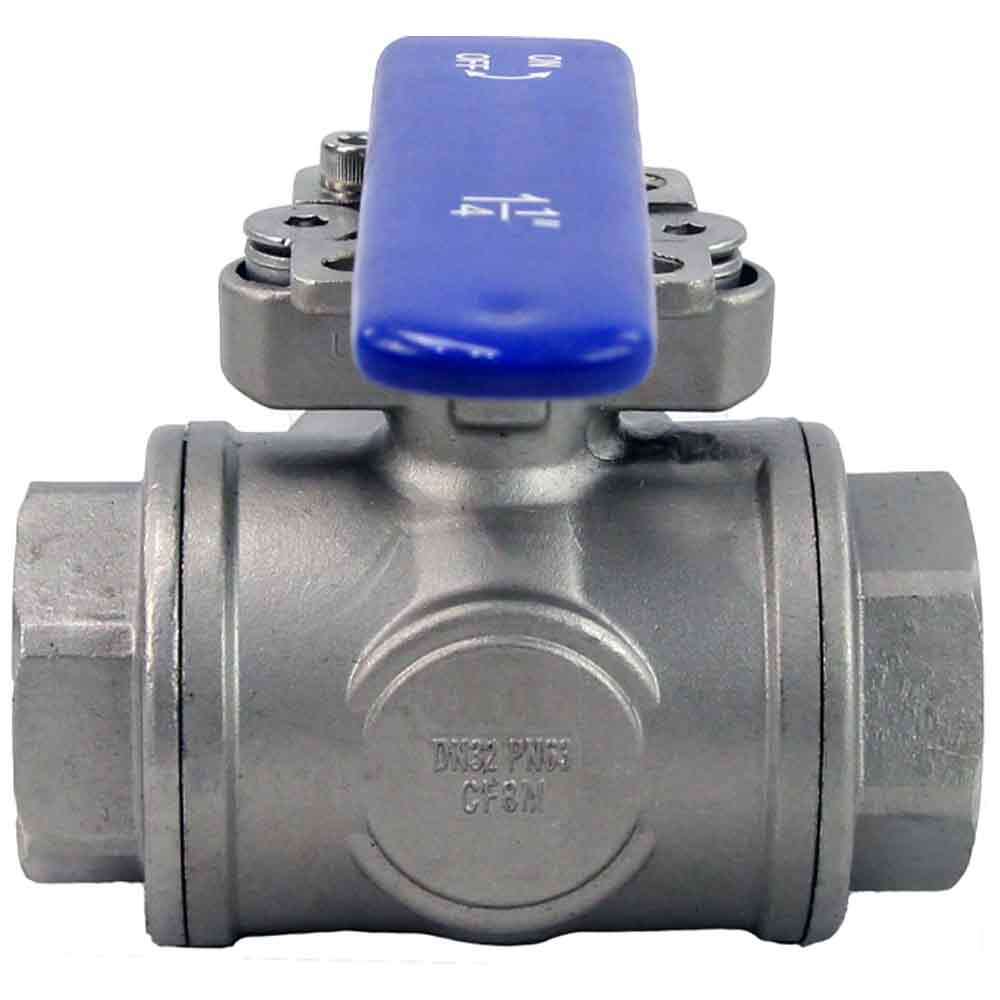 Edelstahl-kugelhahn 3-wege, gewinde NPT/BSP, L-Typ, standarddurchgang, Elephant RP.SS316.200.MM, 986 psi, mit ISO 5211 montageplatte und Griff
