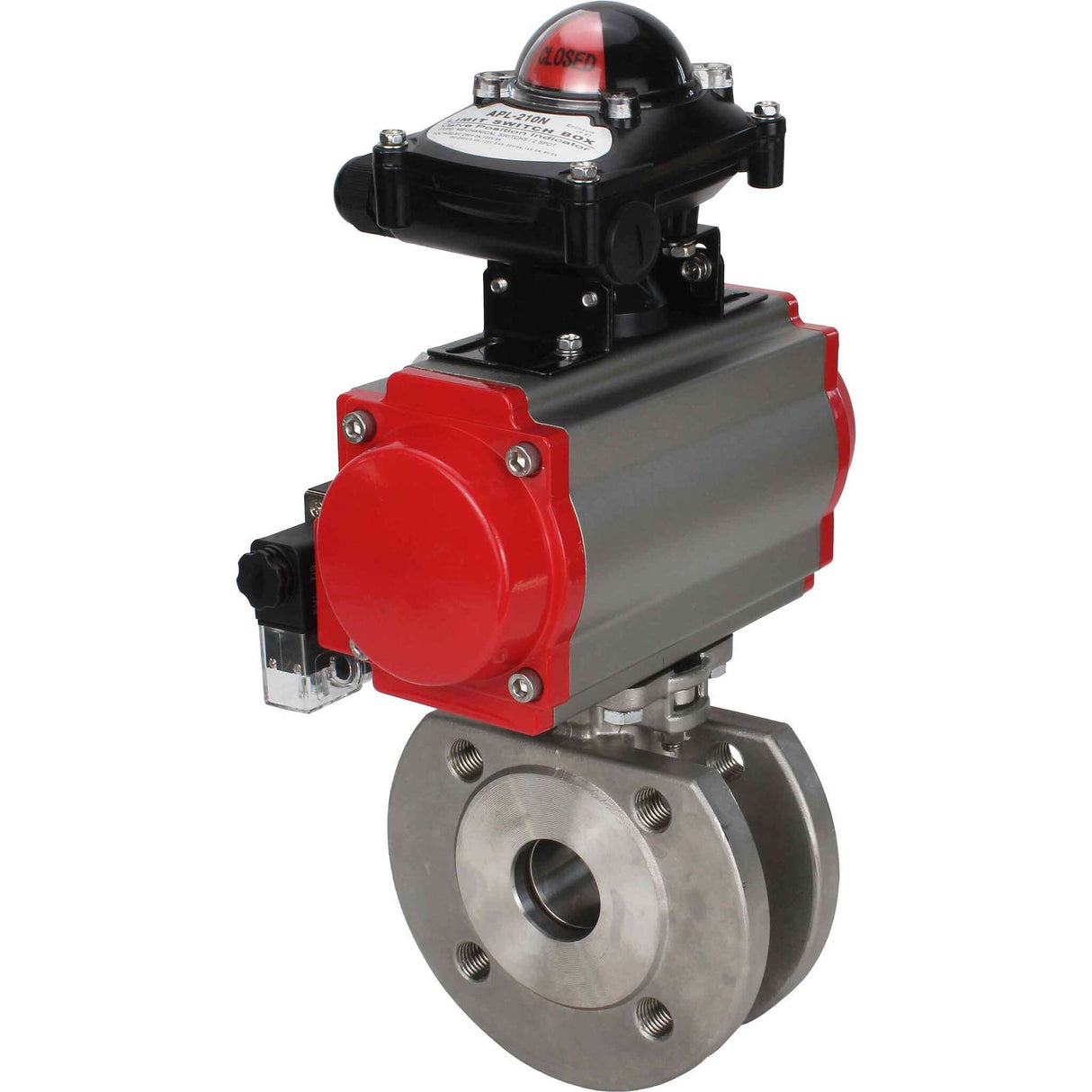 Edelstahl-Kugelhahn Elephant BVсFP.316.200 PSI232 mit vollem Durchgang, Kompaktflansch, pneumatischer Antrieb Elephant SA mit Rückstellfedern, pneumatischer Verteiler 4M310-08 220 V, Endschalterblock APL-410N EX