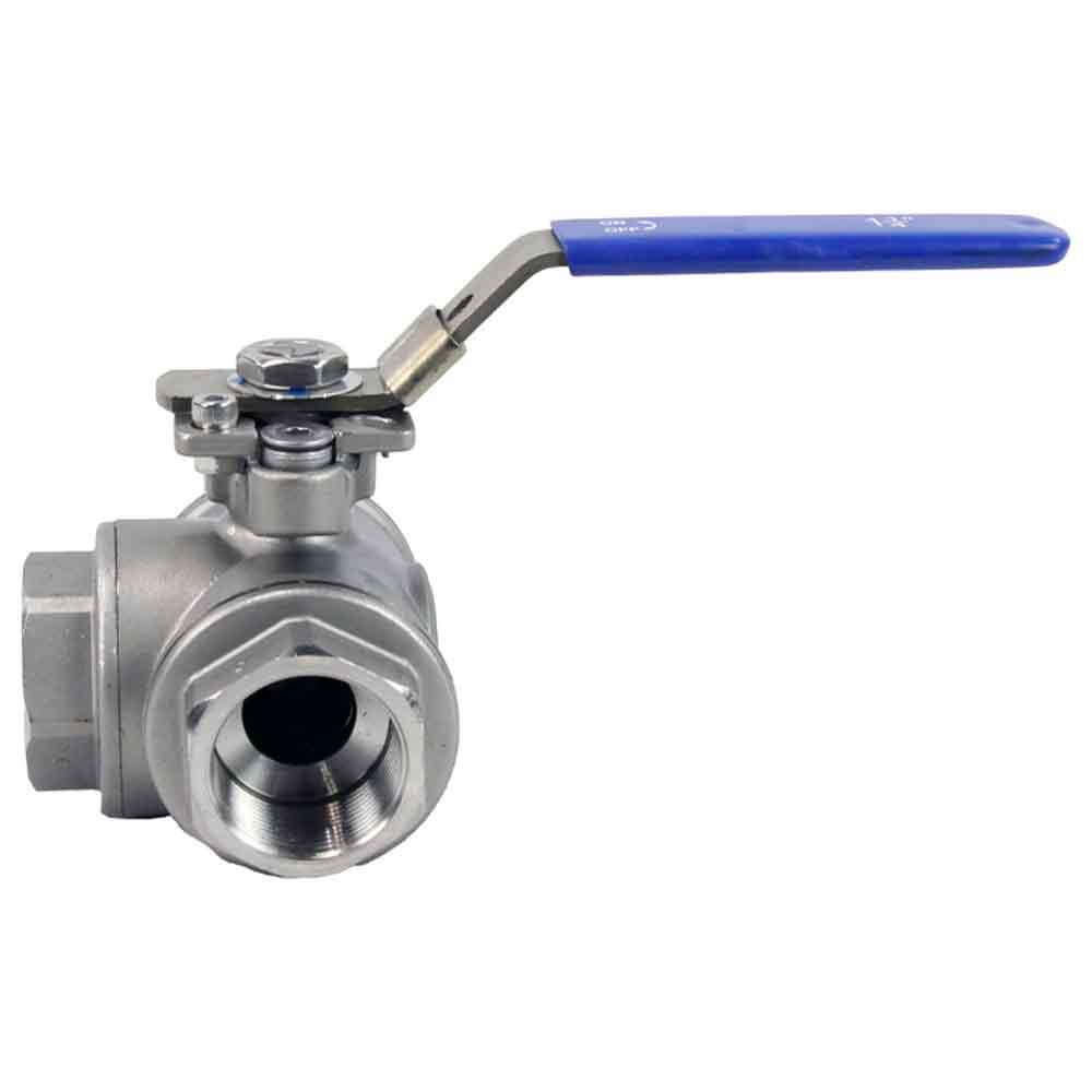 Edelstahl-kugelhahn 3-wege, gewinde NPT/BSP, L-Typ, standarddurchgang, Elephant RP.SS316.200.MM, 986 psi, mit ISO 5211 montageplatte und Griff