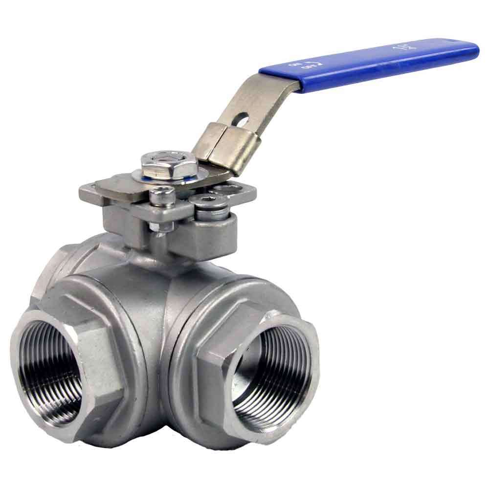 Edelstahl-kugelhahn 3-wege, gewinde NPT/BSP, L-Typ, standarddurchgang, Elephant RP.SS316.200.MM, 986 psi, mit ISO 5211 montageplatte und Griff