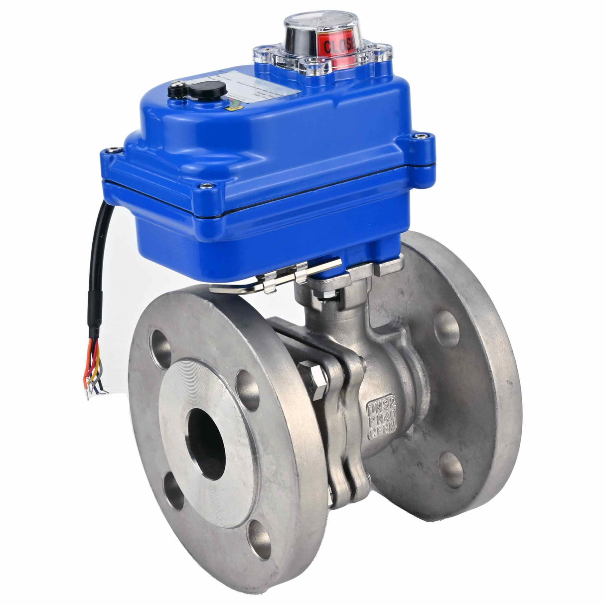 Edelstahl-Kugelhahn Elephant BV3232P-FP-F, Gehäuse - Edelstahl AISI 316, Dichtung - PTFE, voller Durchgang, geflanscht, Elektroantrieb Elephant 003 blau 24 V