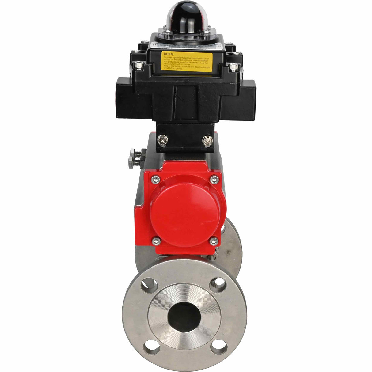 Edelstahl-Kugelhahn Elephant BVFPT-ISO.316.180 dreiteilig, Gehäusewerkstoff - Edelstahl SS316, Dichtung - PTFE, geflanscht, voller Durchgang, pneumatischer Antrieb Elephant SA, Endschalterblock APL-410N EX