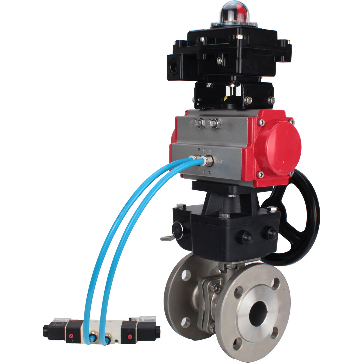 Kugelhähne Elephant BV3232P(2 Stück)-FP-F-ISO-H, Gehäusematerial - Edelstahl AISI 316, Dichtung - PTFE / PTFE / Teflon, mit pneumatischem Doppelwirkungsantrieb PA-DA, 4V320-10 220V, LSU APL-410N Ex, Handrad MON