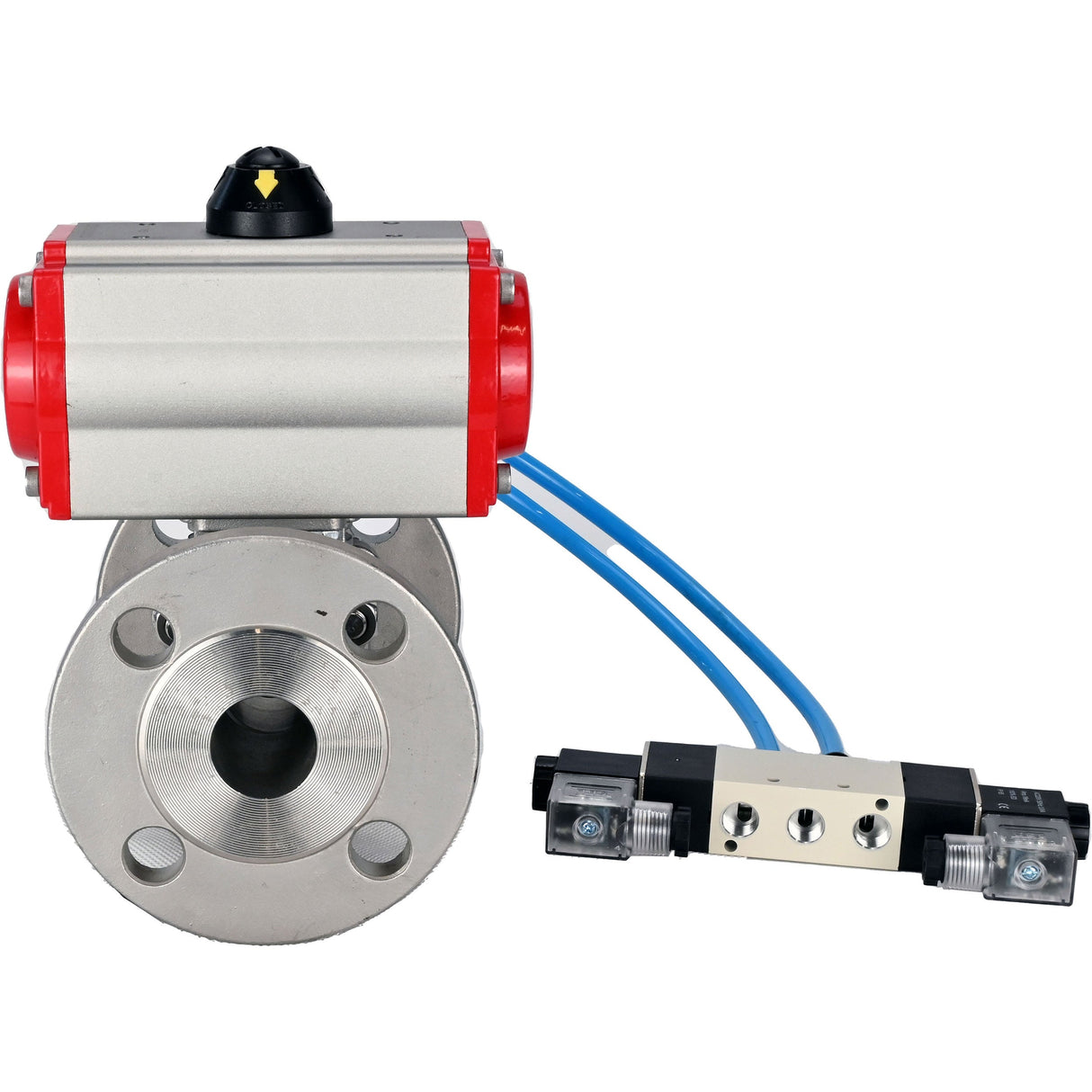 Kugelhähne Elephant BV3232P(3-teilig)-FP-F-ISO-H 16 bar, dreiteilig, voller Durchgang, geflanscht, Edelstahl SS304, Dichtung - PTFE, mit pneumatischem Antrieb PA-SA mit Rückstellfedern, mit pneumatischem Verteiler 4V320-08 220V
