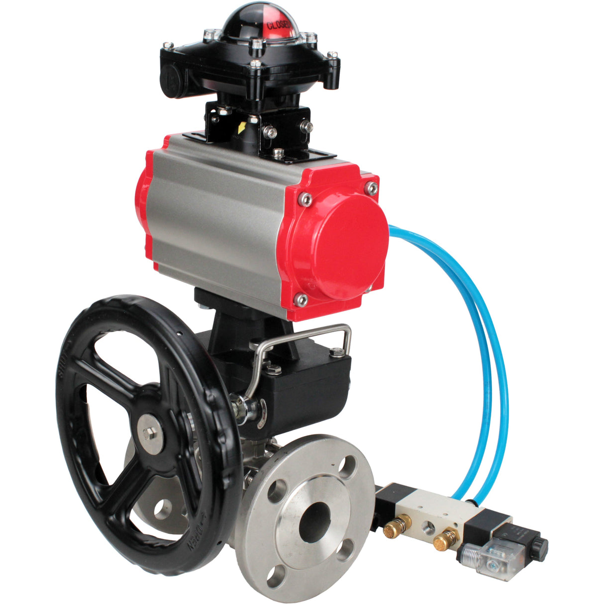 Kugelhähne Elephant BV3131P(3pc)-FP-F-ISO-H, Gehäusematerial - Edelstahl AISI 304, Dichtung - PTFE / PTFE / Teflon, mit pneumatischem Doppelwirkungsantrieb PA-DA, 4V320-10 220V, LSU APL-210N, Handrad MON