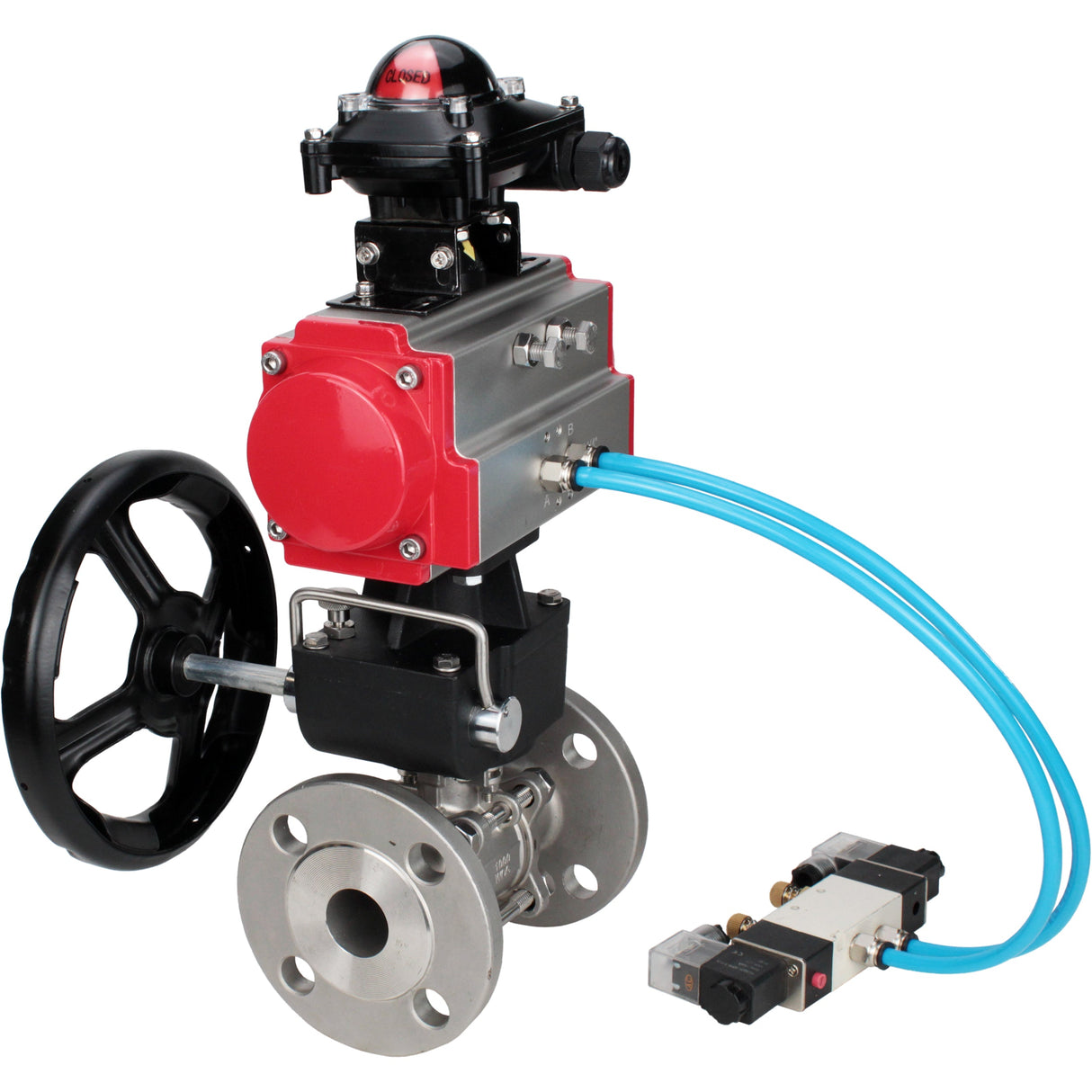 Kugelhähne Elephant BV3131P(3pc)-FP-F-ISO-H, Gehäusematerial - Edelstahl AISI 304, Dichtung - PTFE / PTFE / Teflon, mit pneumatischem Doppelwirkungsantrieb PA-DA, 4V320-10 220V, LSU APL-210N, Handrad MON