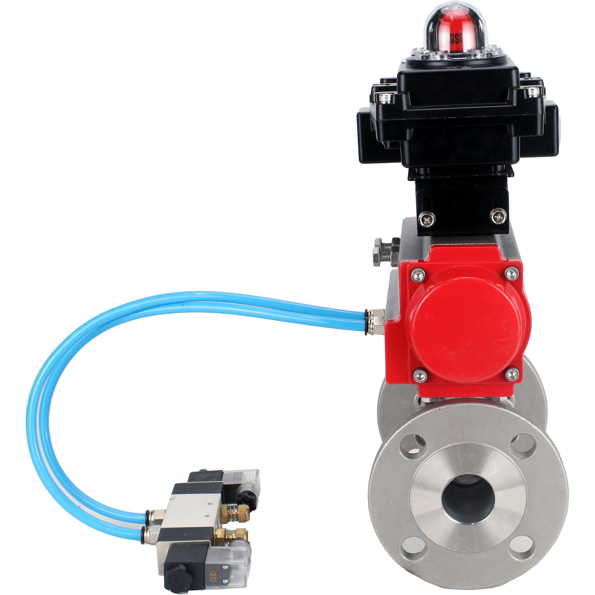 Kugelhähne Elephant BV3131P(3pc)-FP-F-ISO-H 16 bar, dreiteilig, voller Durchgang, geflanscht, Edelstahl SS304, Dichtung - PTFE, mit doppeltwirkendem PA-DA Pneumatik-Antrieb, mit Pneumatikverteiler 4V320-08 220V, mit LSU APL-410N EX