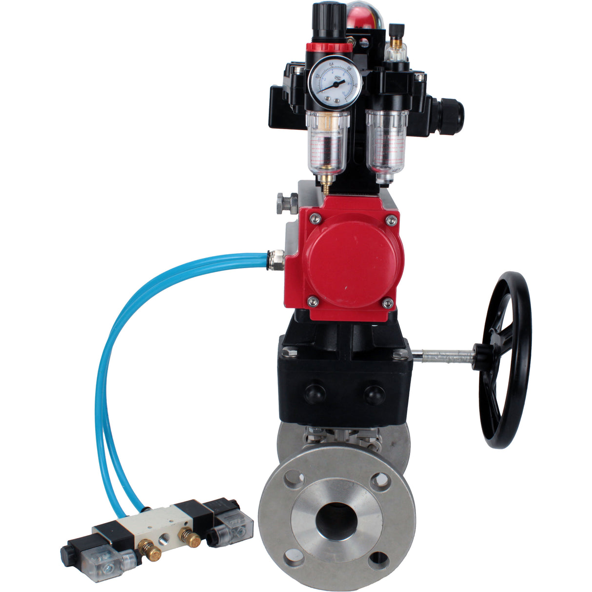 Kugelhähne Elephant BV3131P(3pc)-FP-F-ISO-H, Gehäusematerial - Edelstahl AISI 304, Dichtung - PTFE / PTFE / Teflon, mit pneumatischem Doppelwirkungsantrieb PA-DA, 4V320-10 220V, LSU APL-410N Ex, Handrad MON, ATU AFC2000