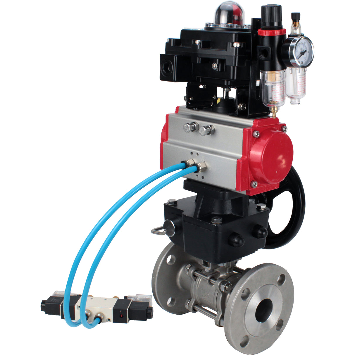 Kugelhähne Elephant BV3131P(3pc)-FP-F-ISO-H, Gehäusematerial - Edelstahl AISI 304, Dichtung - PTFE / PTFE / Teflon, mit pneumatischem Doppelwirkungsantrieb PA-DA, 4V320-10 220V, LSU APL-410N Ex, Handrad MON, ATU AFC2000