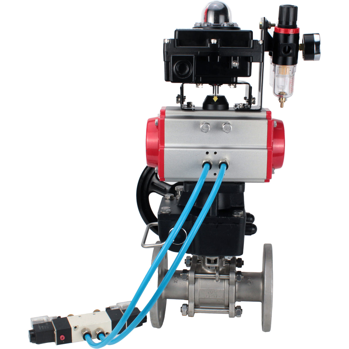 Kugelhähne Elephant BV3131P(3pc)-FP-F-ISO-H, Gehäusematerial - Edelstahl AISI 304, Dichtung - PTFE / PTFE / Teflon, mit pneumatischem Doppelwirkungsantrieb PA-DA, 4V320-10 220V, LSU APL-410N Ex, Handrad MON, ATU AFC2000