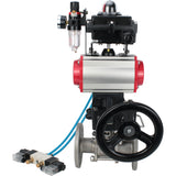 Kugelhähne Elephant BV3131P(3pc)-FP-F-ISO-H, Gehäusematerial - Edelstahl AISI 304, Dichtung - PTFE / PTFE / Teflon, mit pneumatischem Doppelwirkungsantrieb PA-DA, 4V320-10 220V, LSU APL-410N Ex, Handrad MON, ATU AFC2000