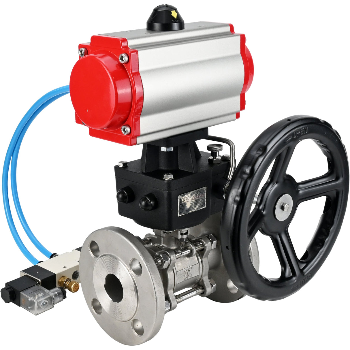 Kugelhähne Elephant BV3131P(3pc)-FP-F-ISO-H, Gehäusematerial - Edelstahl AISI 304, Dichtung - PTFE / PTFE / Teflon, mit pneumatischem Doppelwirkungsantrieb PA-DA, 4V320-10 220V, Handrad MON