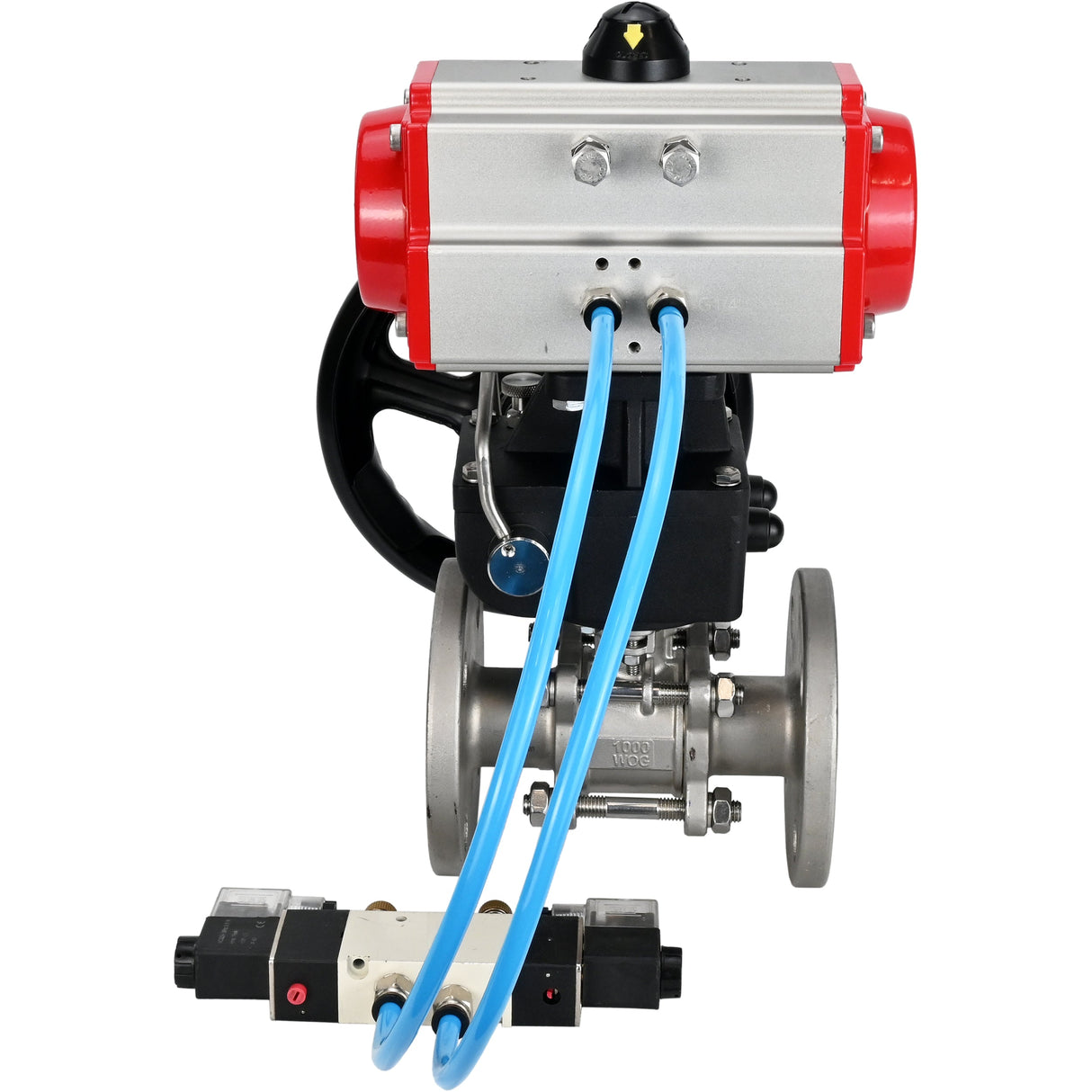 Kugelhähne Elephant BV3232P(3pc)-FP-F-ISO-H, Gehäusematerial - Edelstahl AISI 316, Dichtung - PTFE / PTFE / Teflon, mit pneumatischem Doppelwirkungsantrieb PA-DA, 4V320-10 220V, Handrad MON