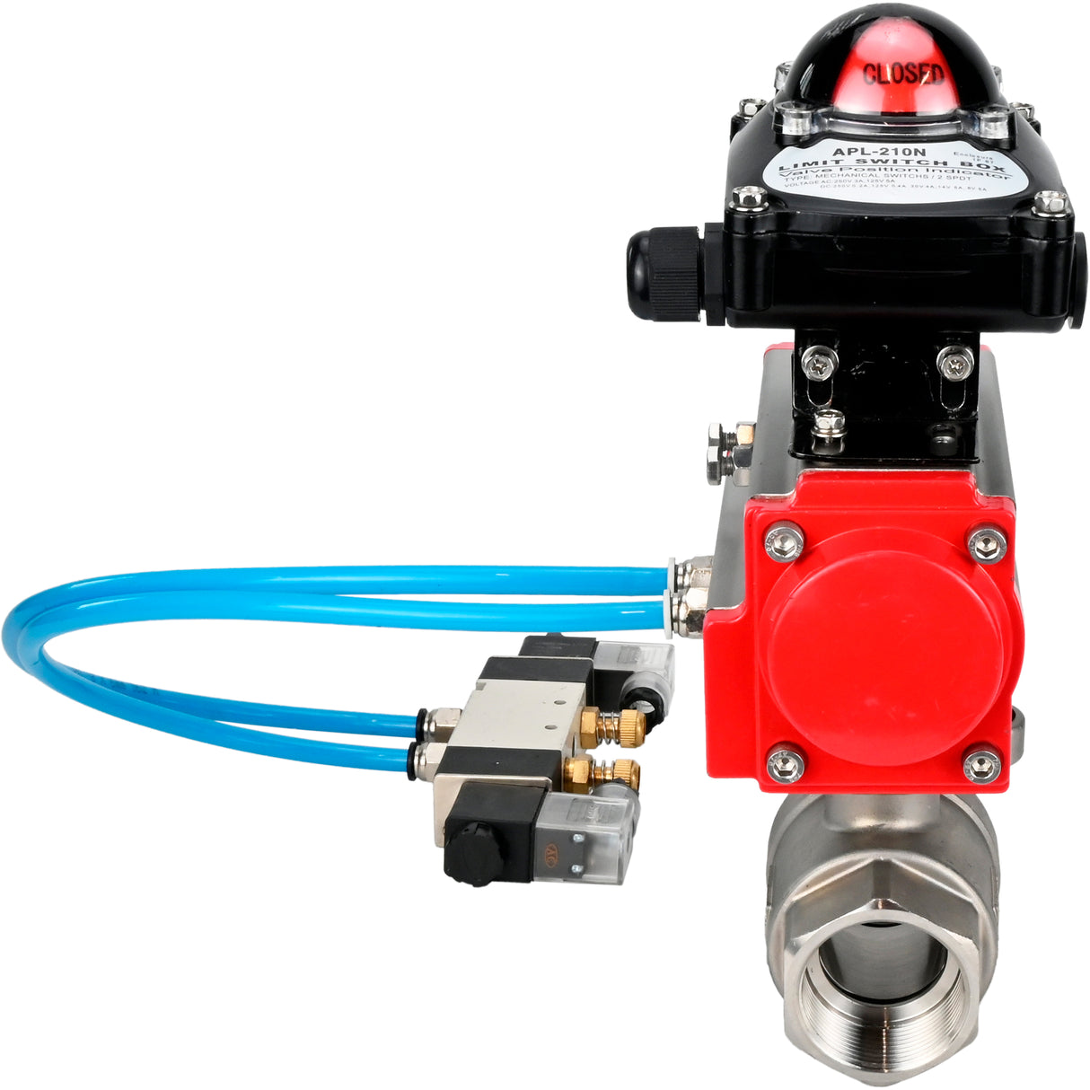 Kugelhähne Elephant BV3232P(2 Stück)-FP-T-ISO-H 16 bar, Vollbohrkupplung, Edelstahl SS316, Dichtung - PTFE, mit pneumatischem Antrieb PA-SA mit Rückstellfedern, mit pneumatischem Verteiler 4V320-10 220V, mit LSU APL-210N