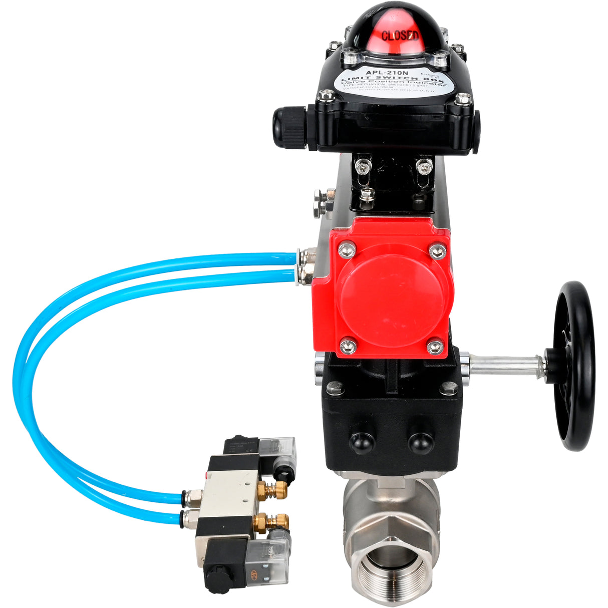 Kugelhähne Elephant BV3232P(2 Stück)-FP-T-ISO-H, Gehäusematerial - Edelstahl AISI 316, Dichtung - PTFE / PTFE / Teflon, mit pneumatischem Doppelwirkungsantrieb PA-DA, 4V320-10 220V, LSU APL-210N, Handrad MON