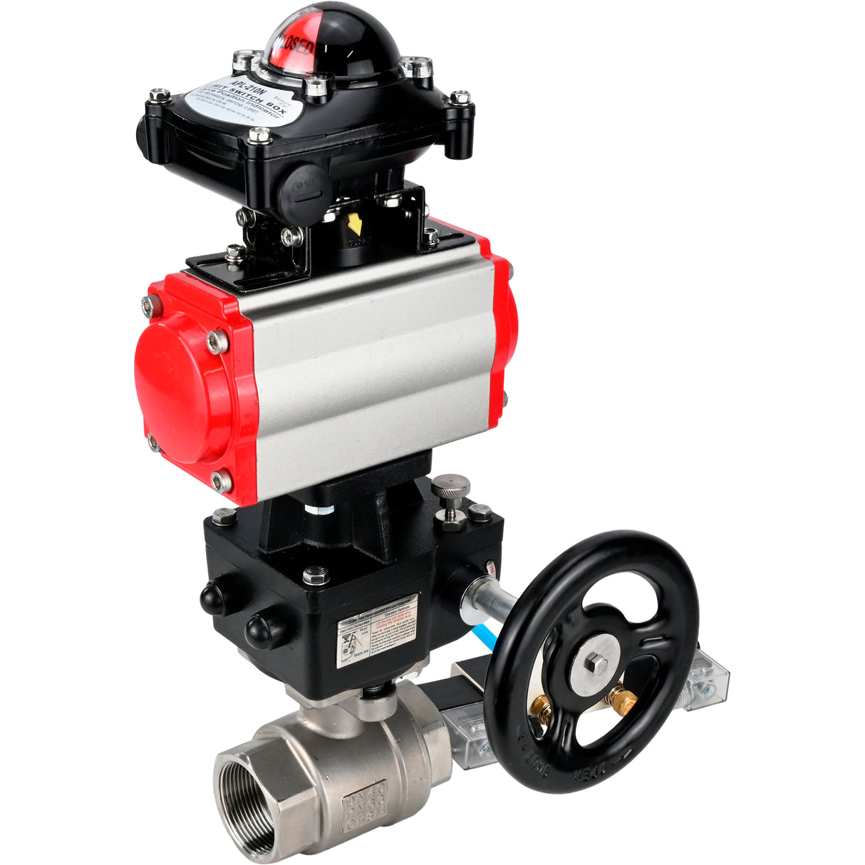 Kugelhähne Elephant BV3232P(2 Stück)-FP-T-ISO-H, Gehäusematerial - Edelstahl AISI 316, Dichtung - PTFE / PTFE / Teflon, mit pneumatischem Doppelwirkungsantrieb PA-DA, 4V320-10 220V, LSU APL-210N, Handrad MON