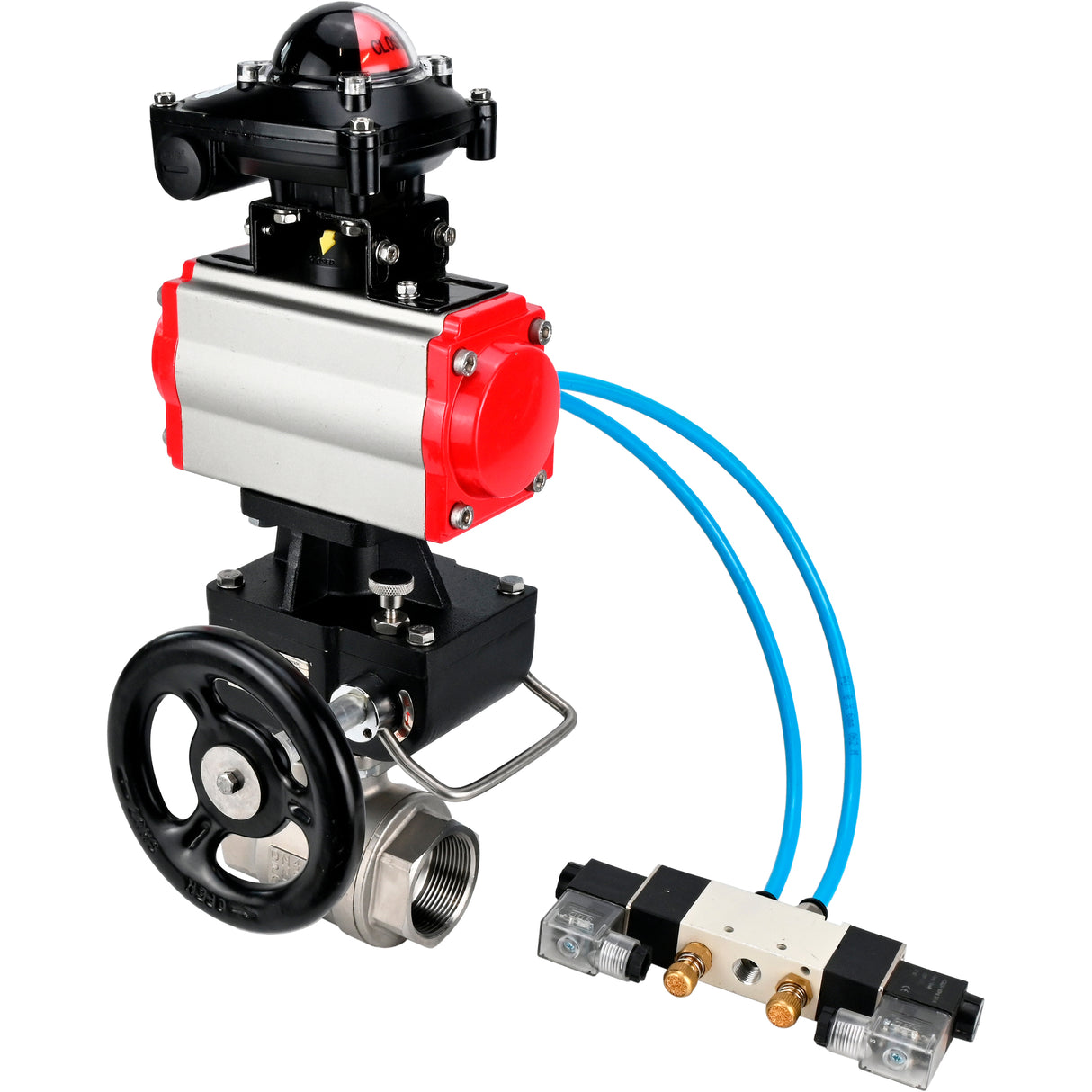 Kugelhähne Elephant BV3232P(2 Stück)-FP-T-ISO-H, Gehäusematerial - Edelstahl AISI 316, Dichtung - PTFE / PTFE / Teflon, mit pneumatischem Doppelwirkungsantrieb PA-DA, 4V320-10 220V, LSU APL-210N, Handrad MON