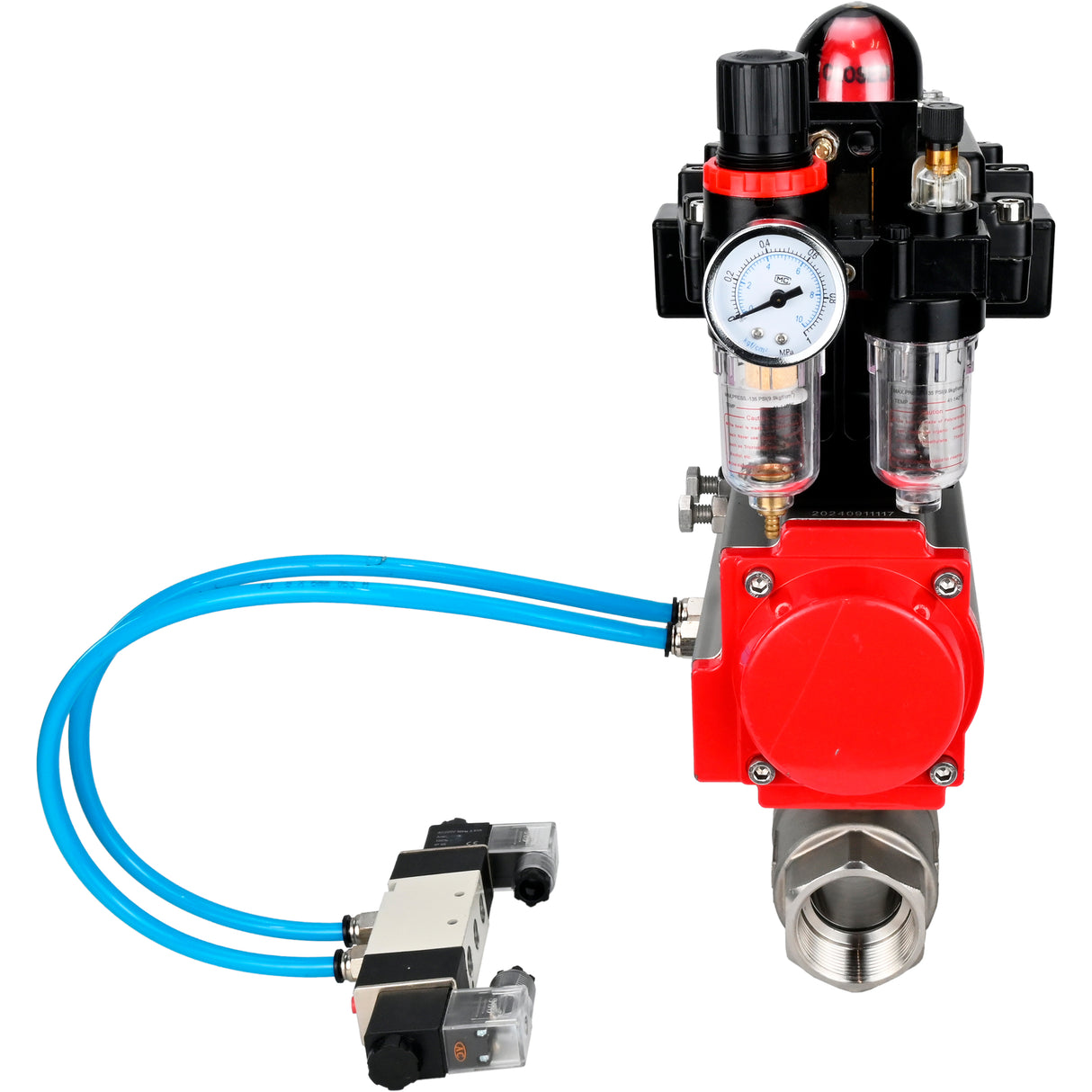 Kugelhähne Elephant BV3232P(2 Stück)-FP-T-ISO-H 16 bar, Vollbohrkupplung, Edelstahl SS316, Dichtung - PTFE, mit pneumatischem Antrieb PA-SA mit Rückstellfedern, mit pneumatischem Verteiler 4V320-10 220V, mit LSU APL-410N EX, mit ATU AFC2000