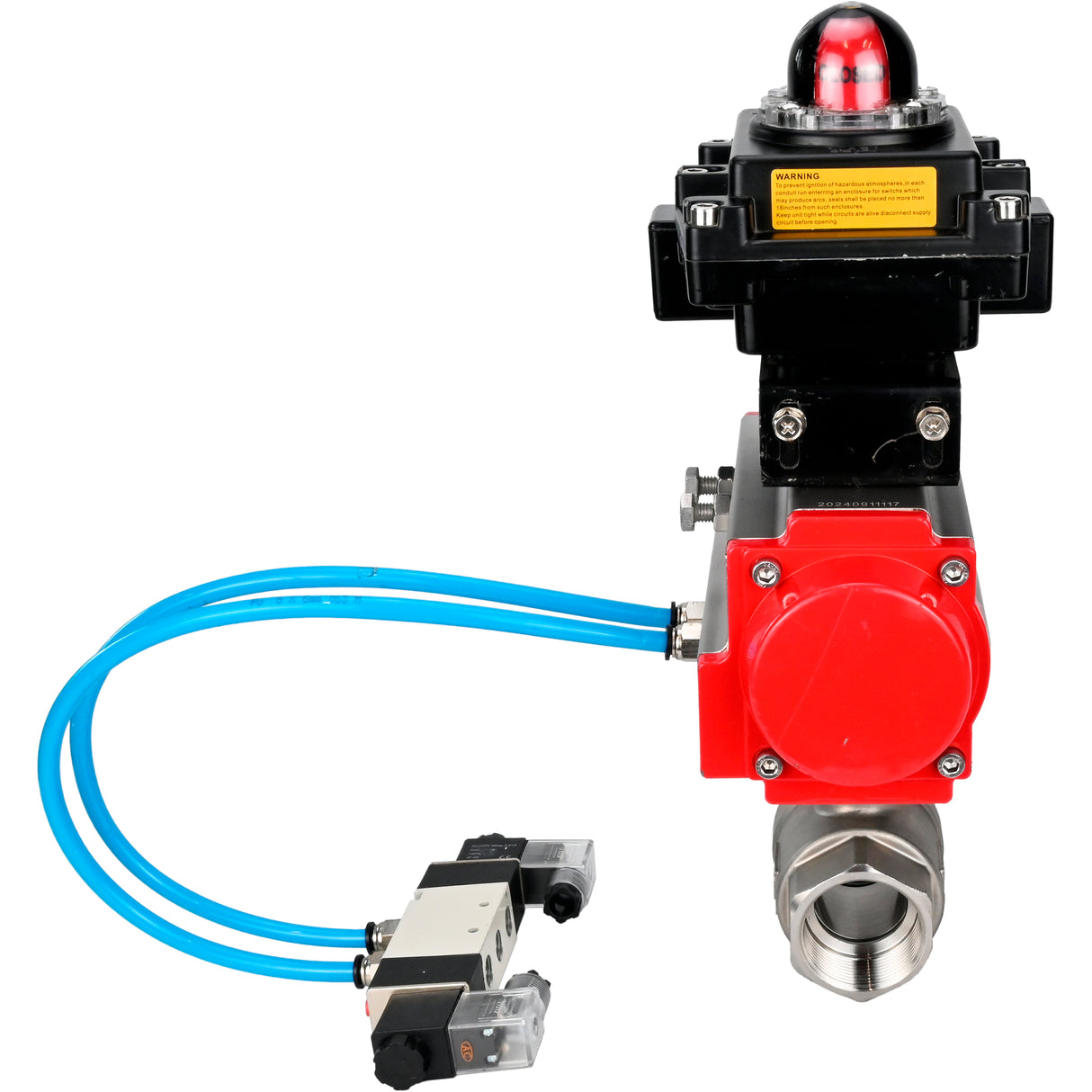 Kugelhähne Elephant BV3232P(2 Stück)-FP-T-ISO-H 16 bar, Vollbohrkupplung, Edelstahl SS316, Dichtung - PTFE, mit pneumatischem Antrieb PA-SA mit Rückstellfedern, mit pneumatischem Verteiler 4V320-10 220V, mit LSU APL-410N EX